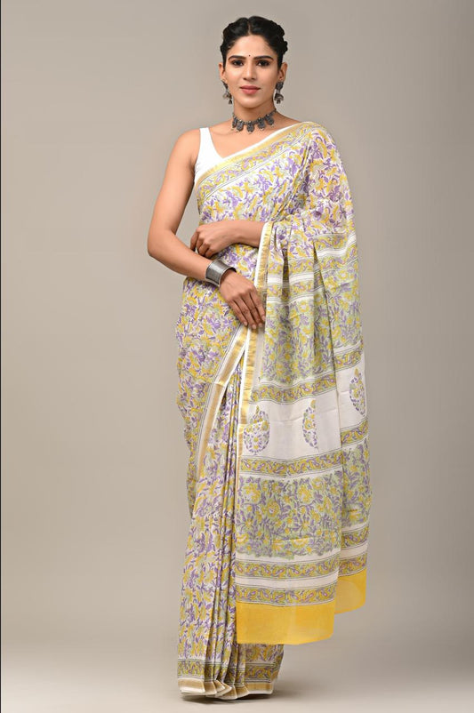 Hand Block Printing Saree on Cotton Zari