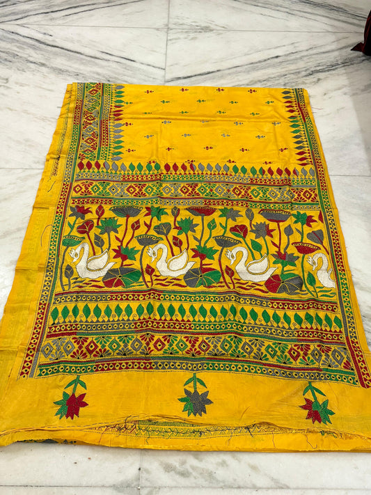 Blended Bangalore Silk Hand Crafted Kantha Stitch Saree