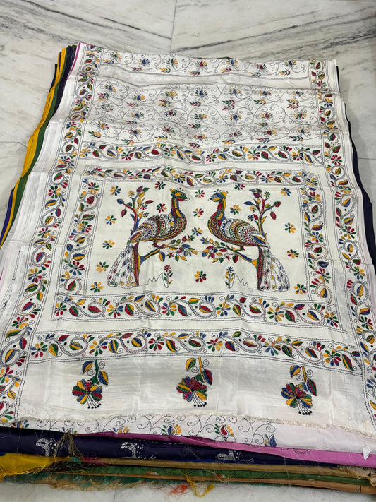 Blended Murshidabad Silk Hand Crafted Kantha Stitch Saree