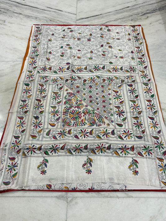Blended Murshidabad Silk Hand Crafted Kantha Stitch Saree
