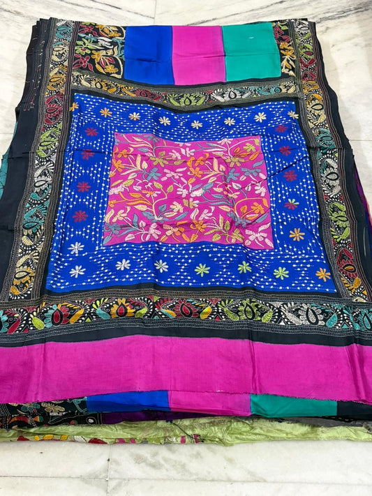 Pure Bangalore Silk Hand Crafted Kantha Stitch Saree