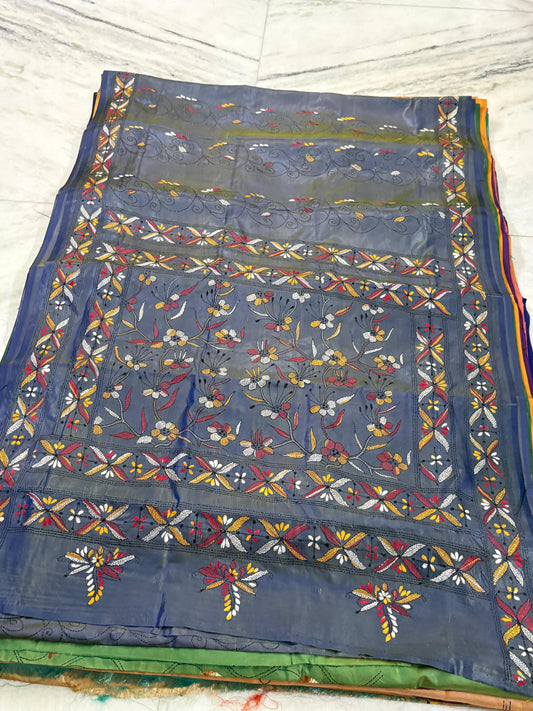 Blended Murshidabad Silk Hand Crafted Kantha Stitch Saree
