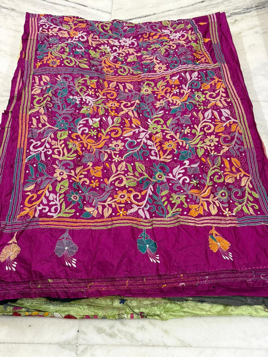 Pure Bangalore Silk Hand Crafted Kantha Stitch Saree