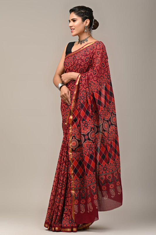 Hand Block Printing Saree on Cotton Zari