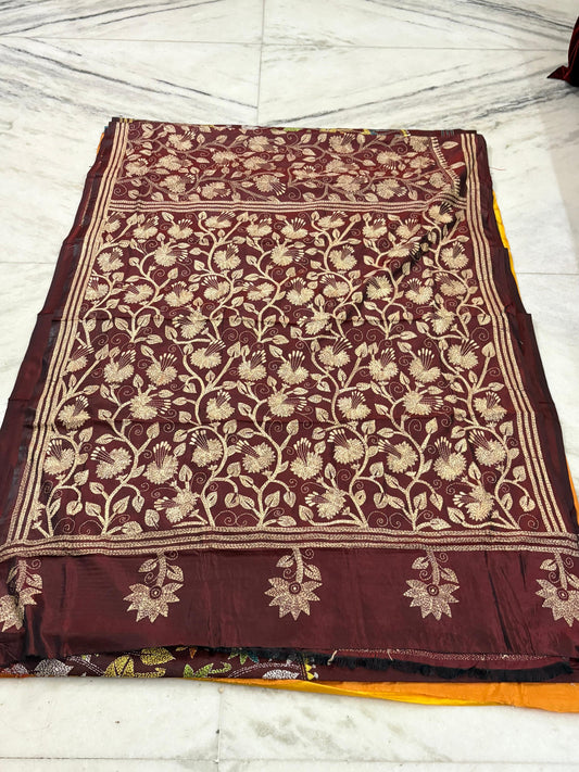 Blended Bangalore Silk Hand Crafted Kantha Stitch Saree
