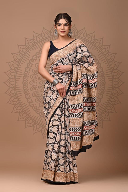Natural Color Hand Block Print Saree