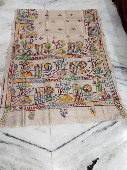Pure Gachhi Tussar Handicrafts Kantha Stitch Saree