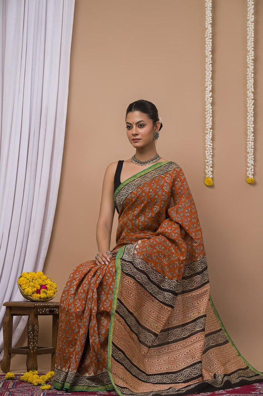 Hand Block Print Saree on Chanderi Silk
