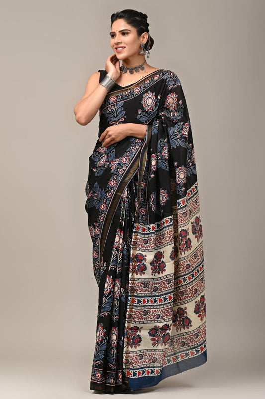 Hand Block Printing Saree on Cotton Zari