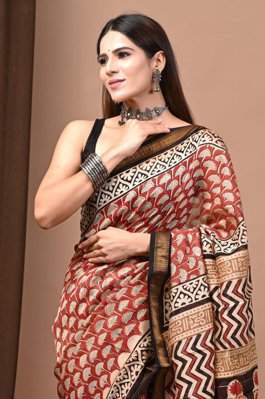 Natural Color Hand Block Print Saree