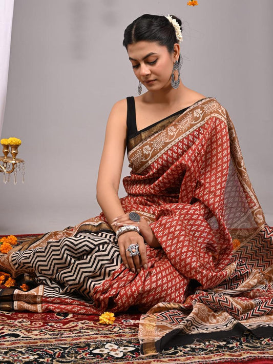 Natural Color Hand Block Print Saree