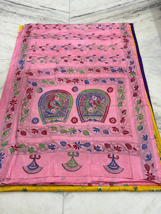 Blended Murshidabad Silk Hand Crafted Kantha Stitch Saree