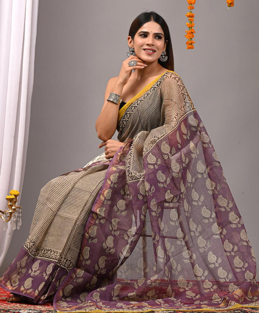 Hand Block Printing Saree on Kota Silk