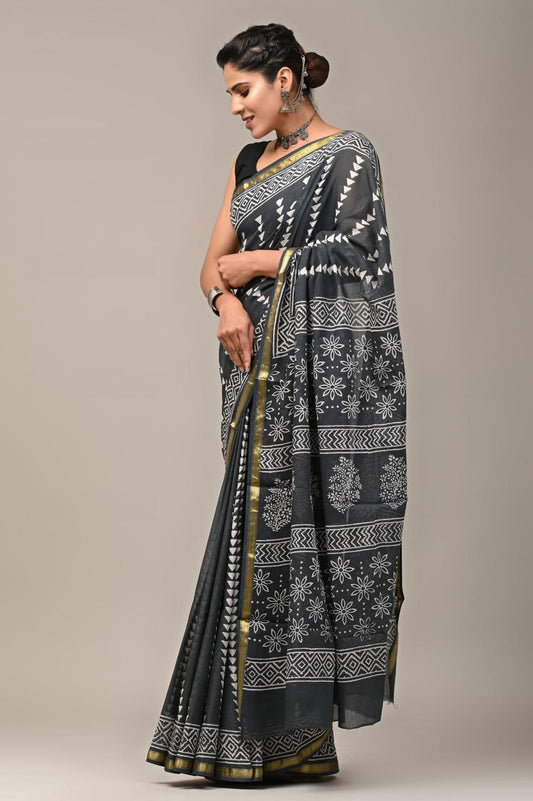 Hand Block Printing Saree on Cotton Zari