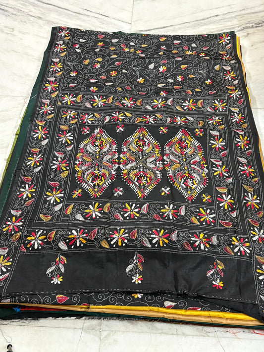 Blended Bangalore Silk Hand Crafted Kantha Stitch Saree