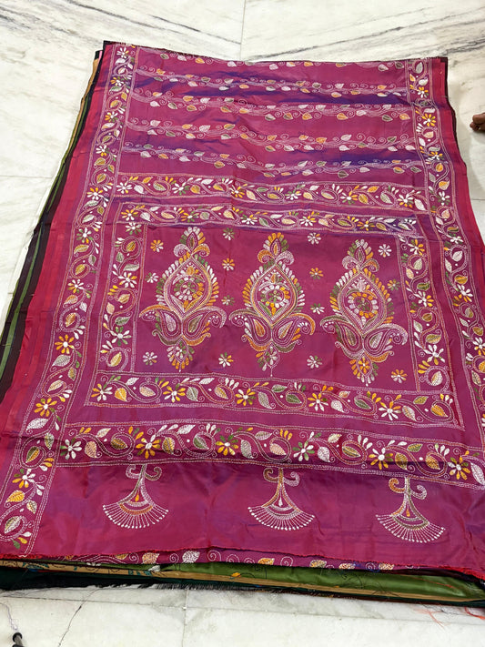 Blended Bangalore Silk Hand Crafted Kantha Stitch Saree