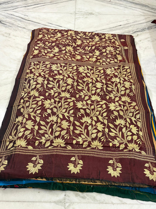 Blended Bangalore Silk Hand Crafted Kantha Stitch Saree
