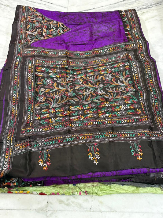 Pure Bangalore Silk Hand Crafted Kantha Stitch Saree
