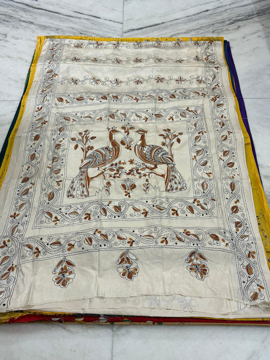 Blended Murshidabad Silk Hand Crafted Kantha Stitch Saree