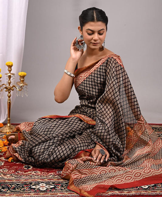 Natural Color Hand Block Print Saree