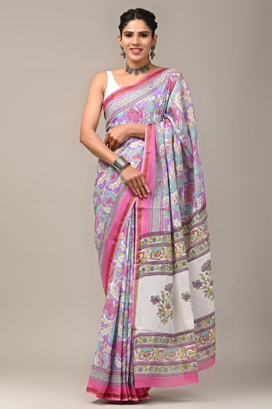 Hand Block Printing Saree on Cotton Zari