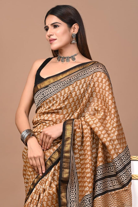 Natural Color Hand Block Print Saree
