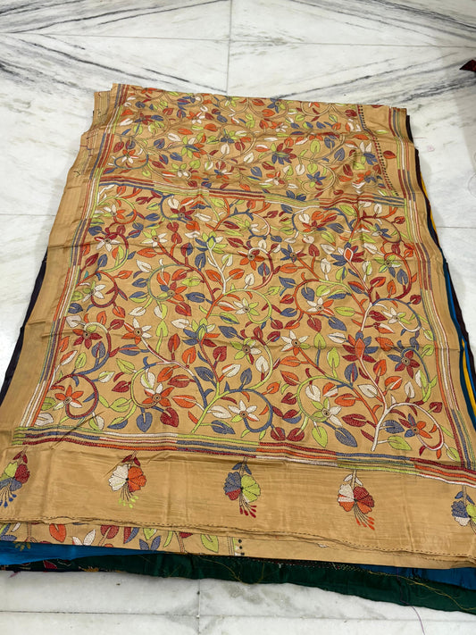 Blended Bangalore Silk Hand Crafted Kantha Stitch Saree