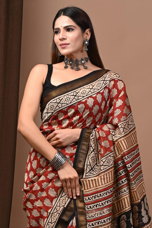 Natural Color Hand Block Print Saree